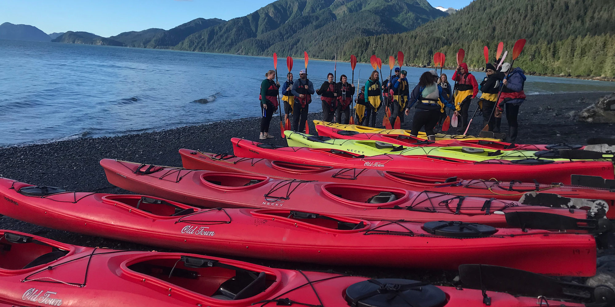 Guests getting ready to go kayaking in Peterson Bay Alaska